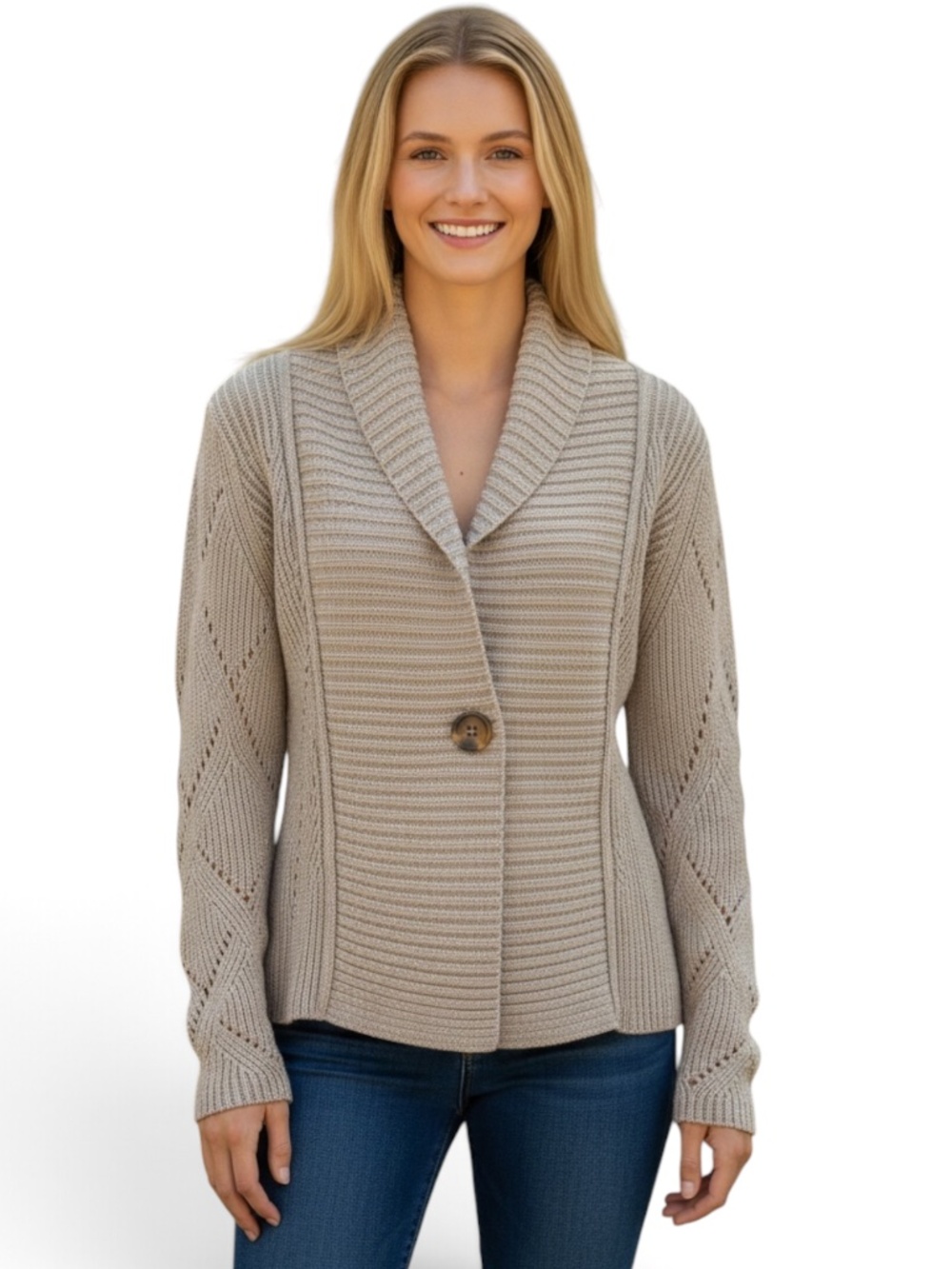 Coldwater Creek Beige Open Knit Shawl Collar Cardigan Size L
